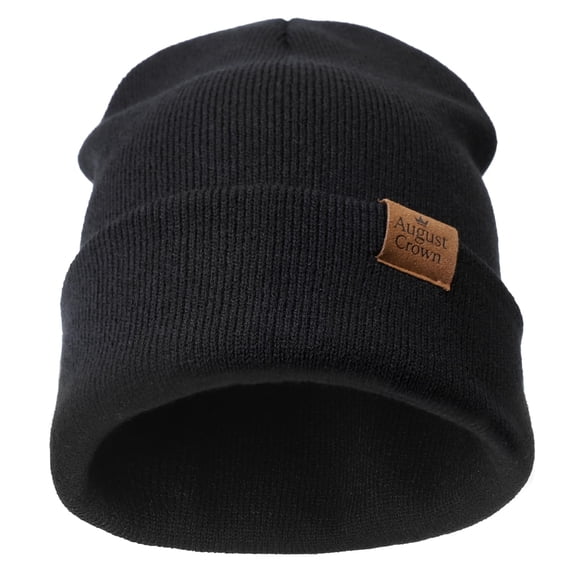 August Crown Unisex Double Layer Knit Winter Beanie - Black (1 Pack) | Warm Thick Acrylic Cuffed Hat for Men Women