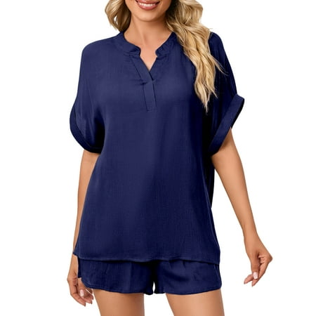 

Glonme Women Sleepwear Tops and Shorts Lounge Pajamas Sets Drawstring Nightwear Summer Loose Solid Color 2 Pieces Outfits Navy Blue L
