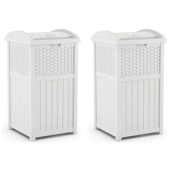 Suncast Wicker Resin Outdoor Hideaway Trash Can Bin with Latching Lid (2 Pack)