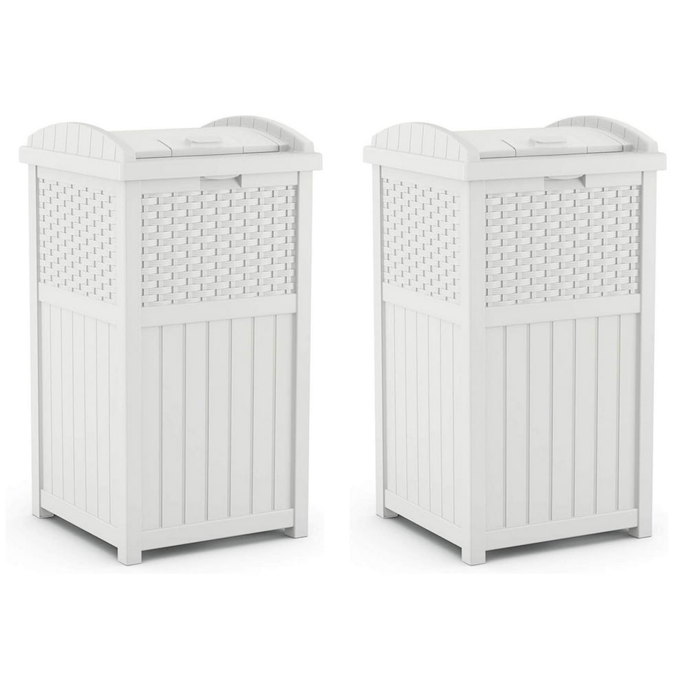Suncast Wicker Resin Outdoor Hideaway Trash Can Bin with Latching Lid