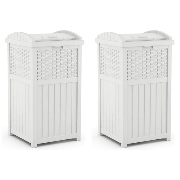 Suncast Wicker Resin Outdoor Hideaway Trash Can Bin with Latching Lid