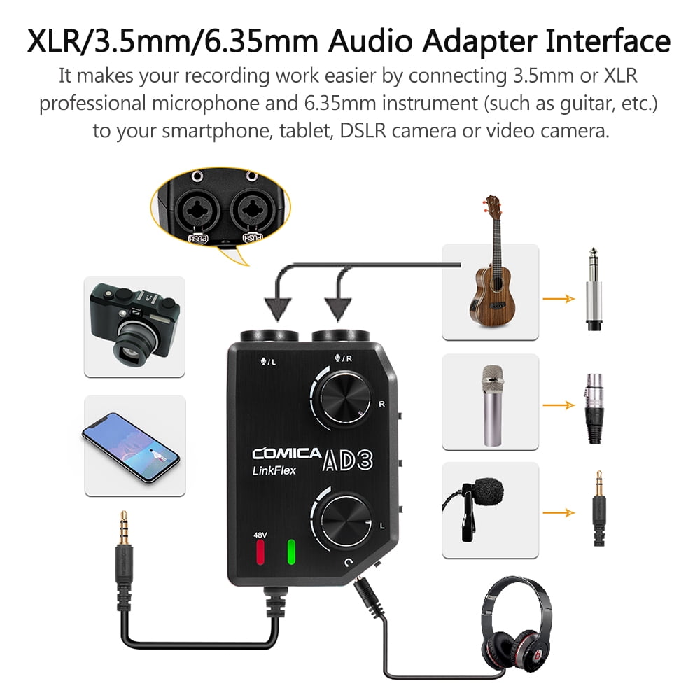 COMICA CoMica LINKFLEX AD3 Audio Preamp Mixer Two-channels Interface XLR 3.5mm 6.35mm-3.5mm Adapter for DSLR Cameras Smartphones