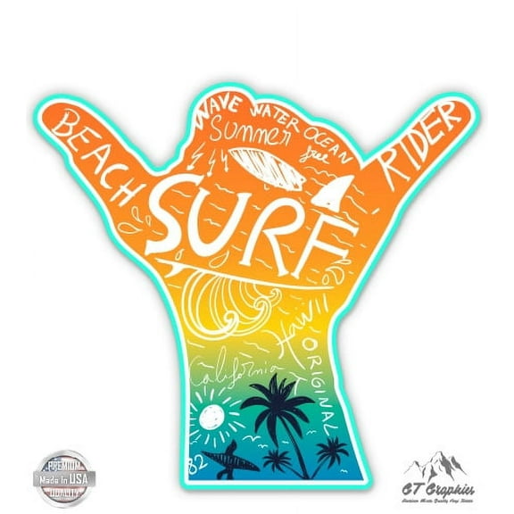 Surf Shaka - 3" Vinyl Sticker - For Car Laptop I-Pad Phone Helmet Hard Hat - Waterproof Decal