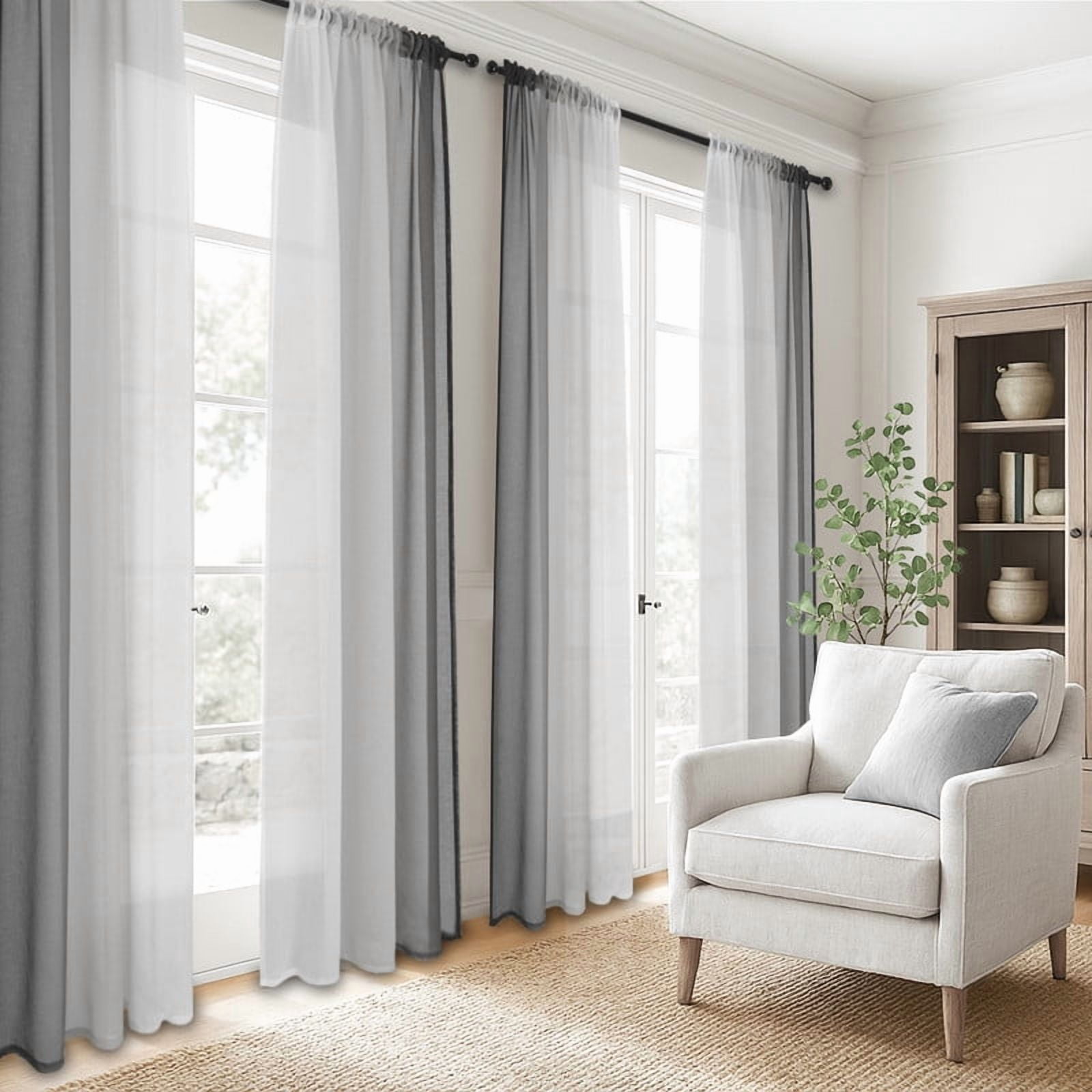 Topfinel Grey Faux Linen Ombre Sheer Curtains,Semi Voile Gradient Rod Pocket Curtains for Bedroom and Living Room, Set of 2 Window Curtain Panels, 54 x 72 Inch Long