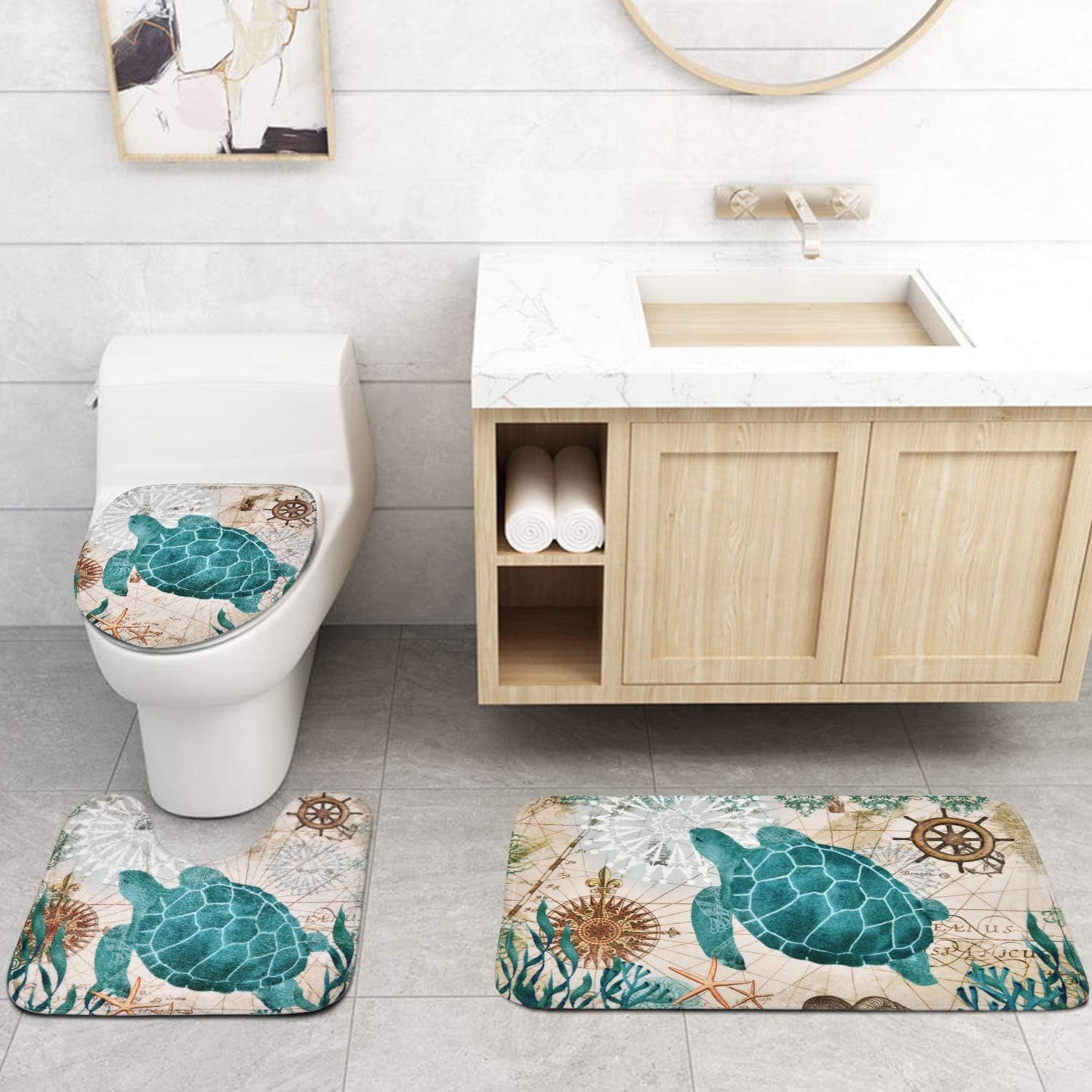 FRAMICS Blue Sea Turtle Shower Curtain Sets with Rugs, 16 Pc Nautical Ocean Bathroom Sets, Waterproof Fabric Bathroom Curtain Decor with Hooks