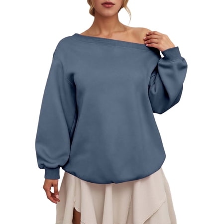 FYEGRE Womens Fleece Lined Sweatshirt Off Shoulder Long Sleeve Pullover Top Oversized Shirt Basic Slouchy Clothes Dark Blue XL