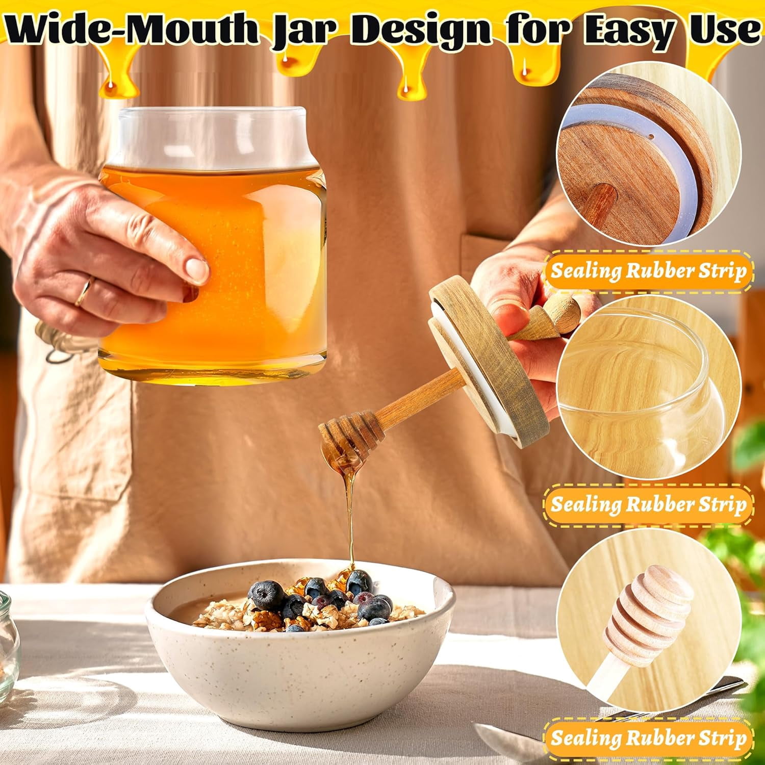 SONGAUN Honey Pot with Dipper and Lid - 18oz Glass Honey Jar with Wooden Honey Dippers Stick Set, Wide Mouth Honey Containers - Airtight Syrup Dispenser for Home Kitchen