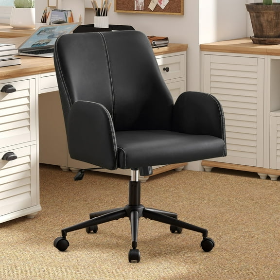 Modern Home Office Desk Chair, Faux Leather Ergonomic Desk Chair with Adjustable Height, Rolling Swivel Computer Chair, Mid-Back Armchair Task Chair for Office, Study Room, Beige