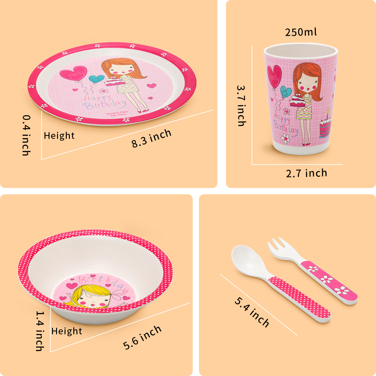 Wisewater 5 Piece Kids Dinnerware Set, Bamboo Fiber Kid Plates and Bowls Set, Baby Dishes Divided Toddler Plates for Child, Cartoon Pattern Design