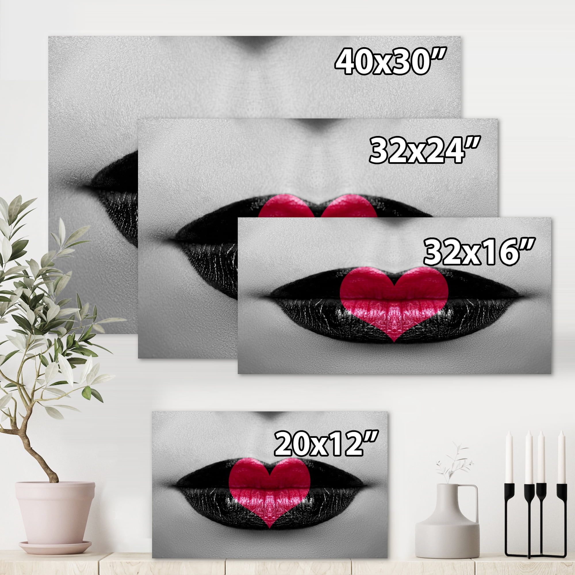 Designart ' Red Heart In Monochrome Lips ' Modern Canvas Wall Art Print