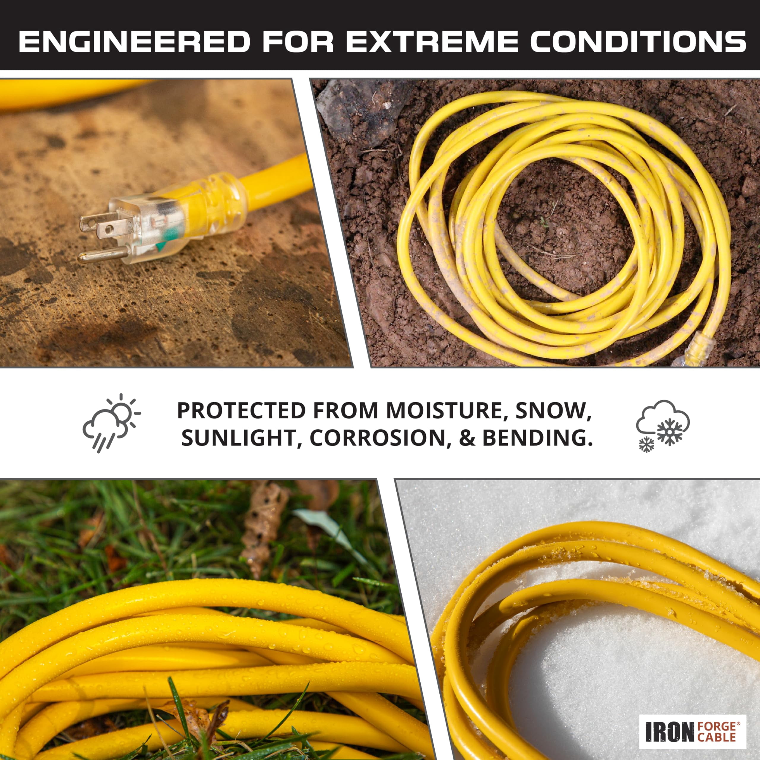 Iron Forge Cable 3ft Lighted Outdoor GFCI Extension Cord with 3 Electrical Power Outlets - 12/3 Yellow Heavy Duty Extension Cord with Multiple Outlets