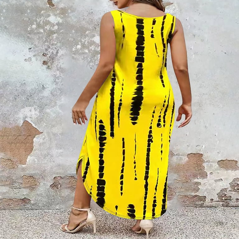 Plus Size Summer Long Maxi Dresses for Women Curved Hem Tie Dye Casual Dress  with Pocket Sleeveless Loose Sundress Yellow, 4XL - Walmart.com