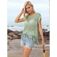 thumbnail image 4 of Women Tassel Knitted Crochet Mesh Crop Top Sexy- Short Sleeve Fishnet Top See Through Cover Up Green L, 4 of 7
