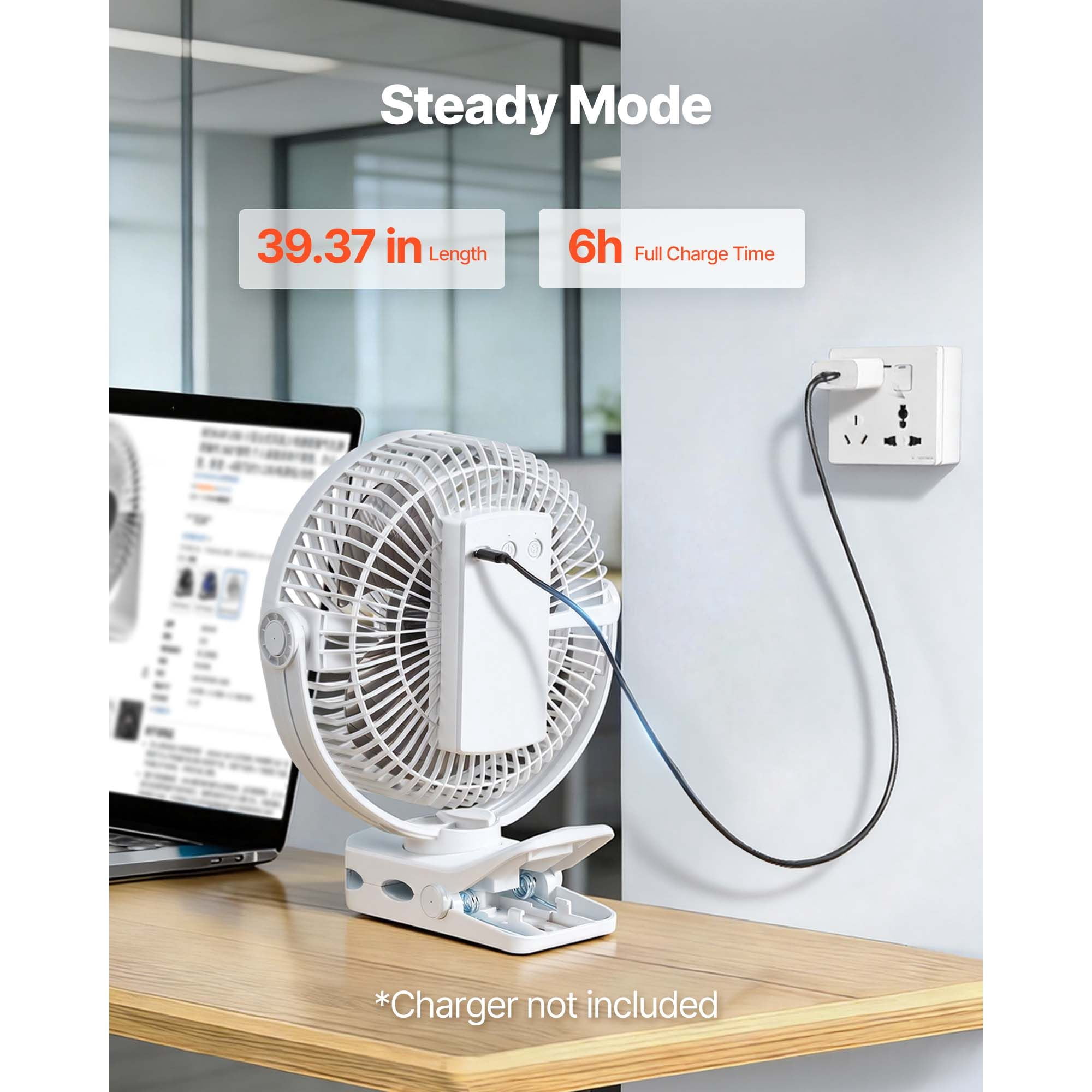 Rechargeable Clip Fan, 139 CFM with 3 Speeds + Circulation Mode, 22 Hours Runtime, Strong Clamp, Type-C Charging, Quiet Operation for Desk, Treadmill, and Travel