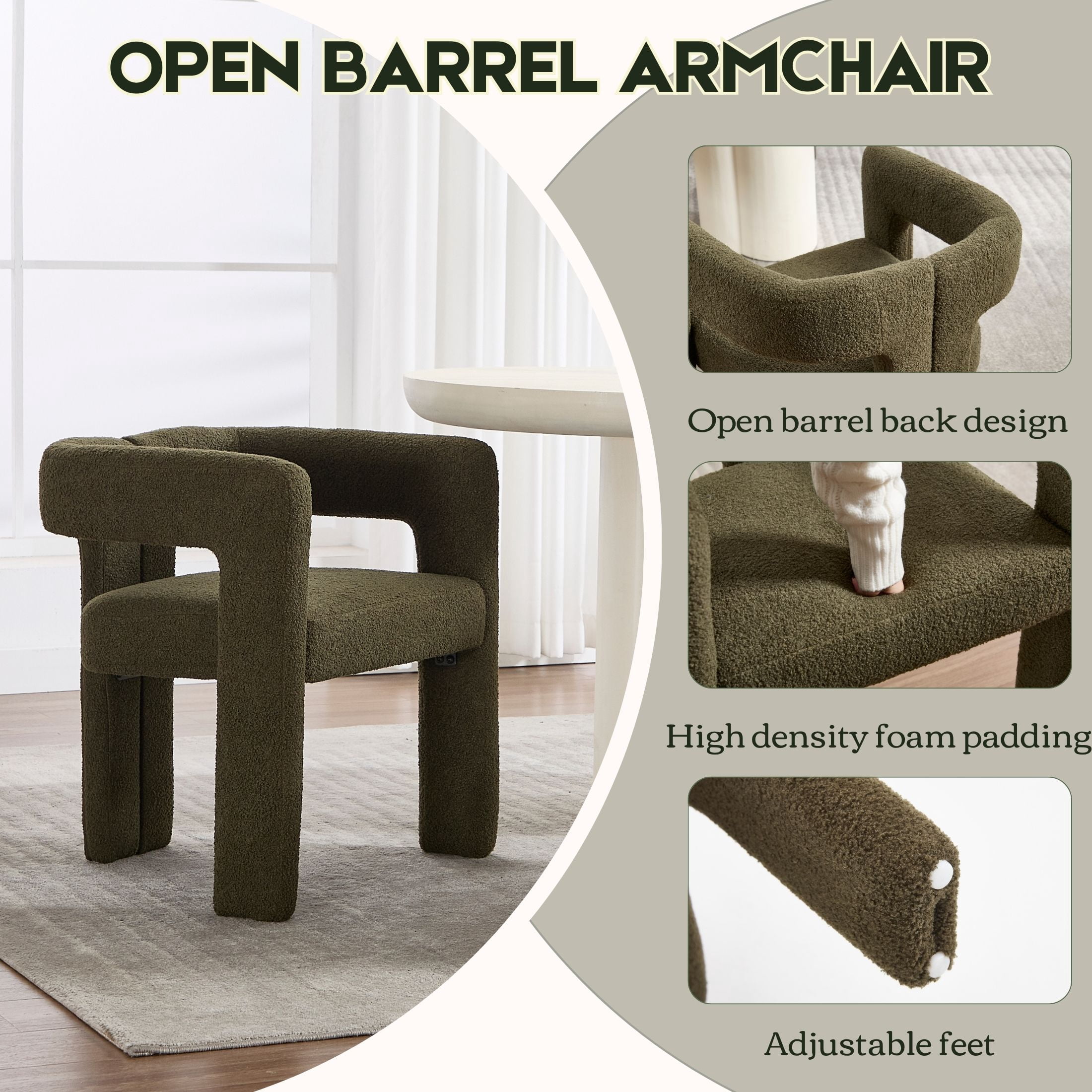Guyou Modern Boucle Dining Chair Set of 6, Sherpa Upholstered Barrel Chair, Comfy Armchair with Open Backrest, Vanity Side Chair Accent Chair for Living Room Bedroom Dining Room, Green