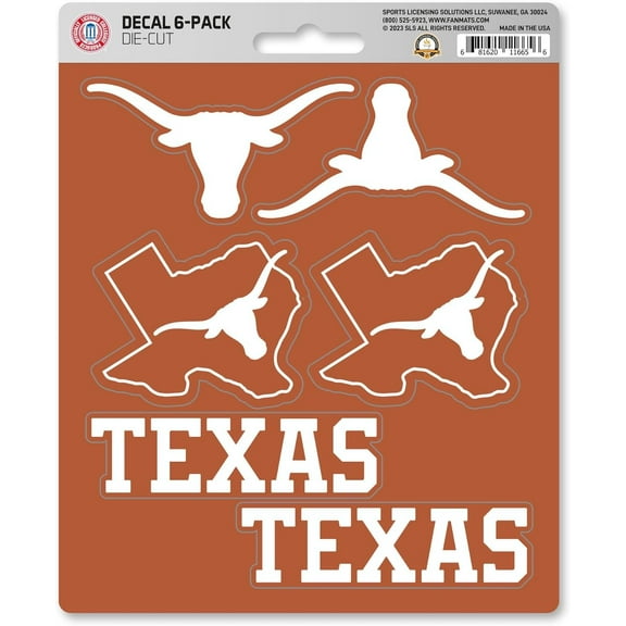 University of Texas Longhorns 6-Piece Decal Sticker Set, 5x6 Inch Sheet, Gift for football fans for any hard surfaces around home, automotive, personal items