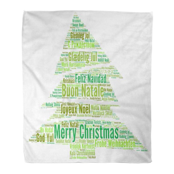 SIDONKU Throw Blanket 58x80 Inches Green Celebrate Merry Christmas in Different Languages Word Cloud Celebration Warm Flannel Soft Blanket for Couch Sofa Bed