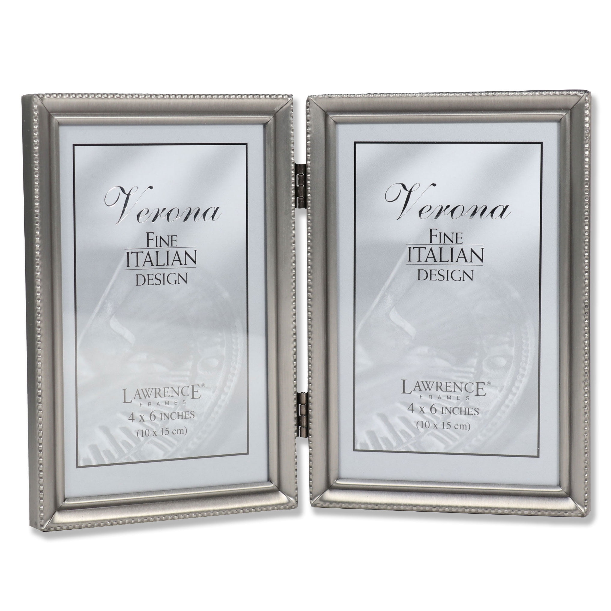 Double Photo Frame Beveled Mirror Strips Between Beaded Borders for 4x6 Pictures 