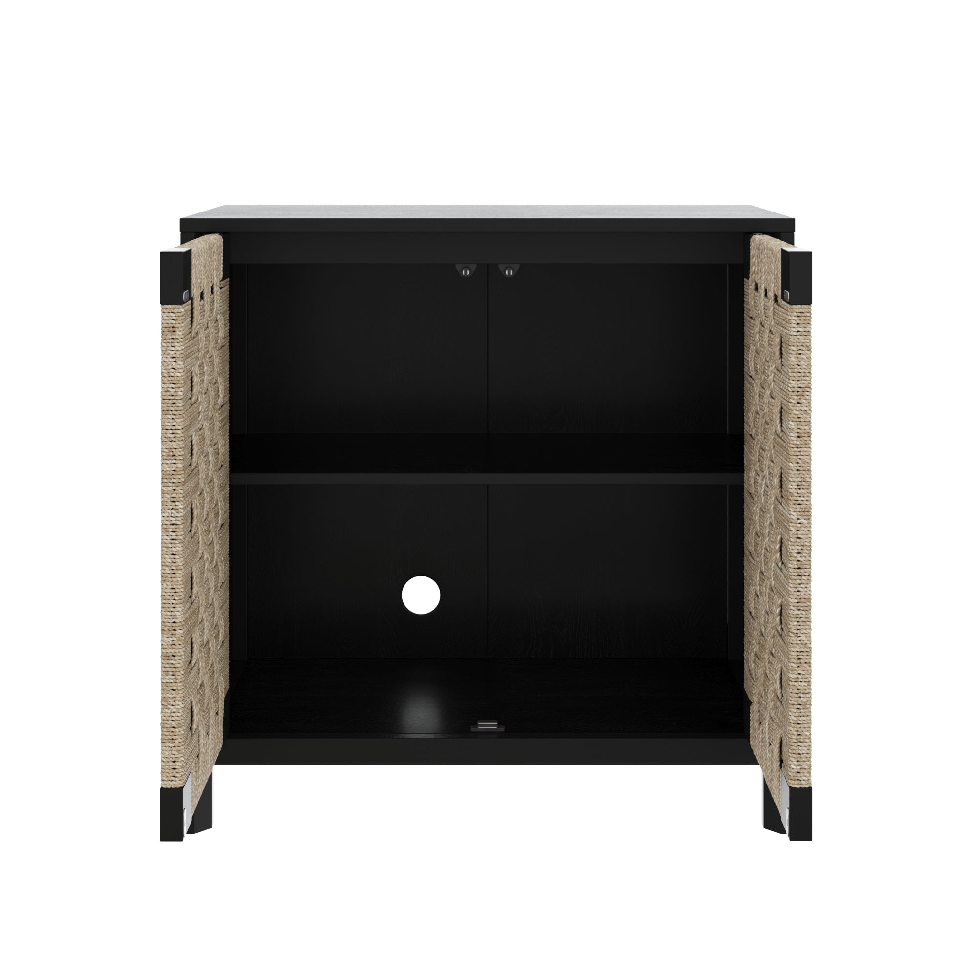 Nathan James Aerie Rustic Wood Cabinet, Boho Living Room Storage Cabinet with Seagrass Door Panels and Solid Wood Legs, Black