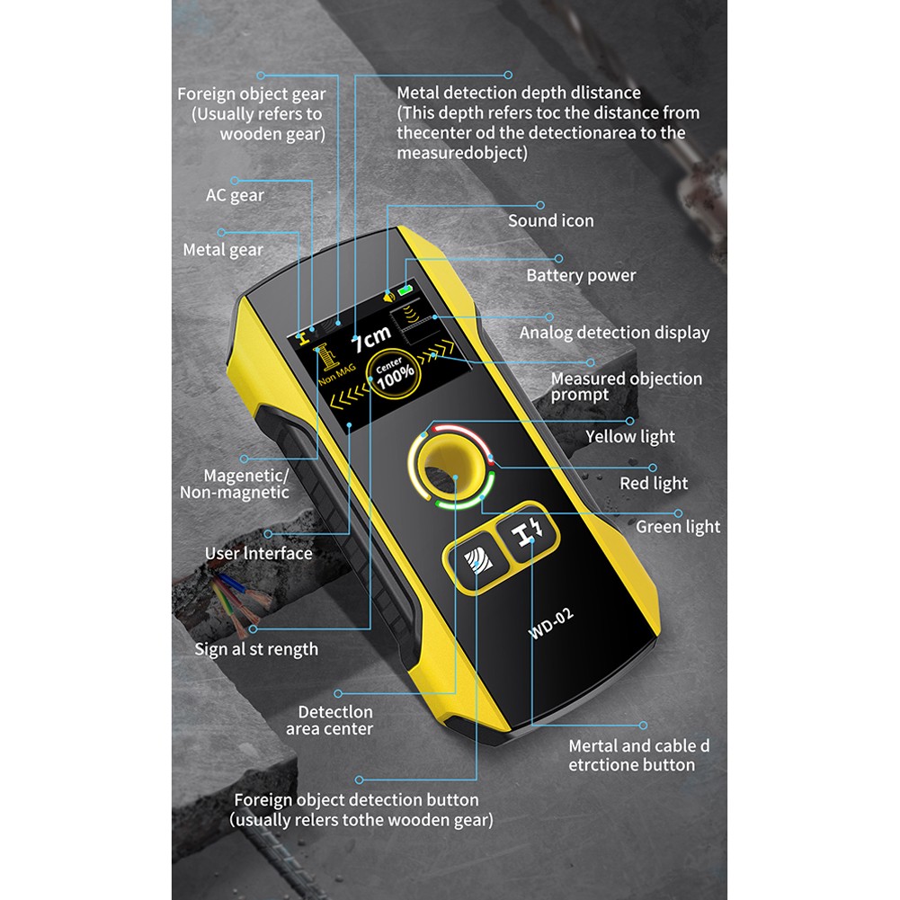 WD-02 Metal Detector Wall Scanner for AC Live Cable Wires Metal Wood Stud Find