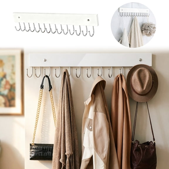 White Wooden Wall Mounted Coat Rack with Hooks, Entryway Hallway Organizer, 37cm, Modern Farmhouse Style