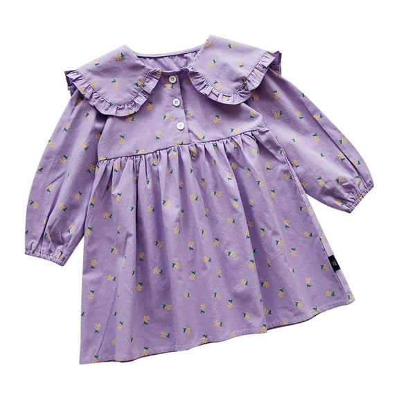 Odeerbi 2-10 Years Toddler Girls Cute Floral Princess Dresses Peter Pan Collar Cotton Dress Children's Fashion Button Round Neck Long Sleeve Dress Toddler Girls Clothes