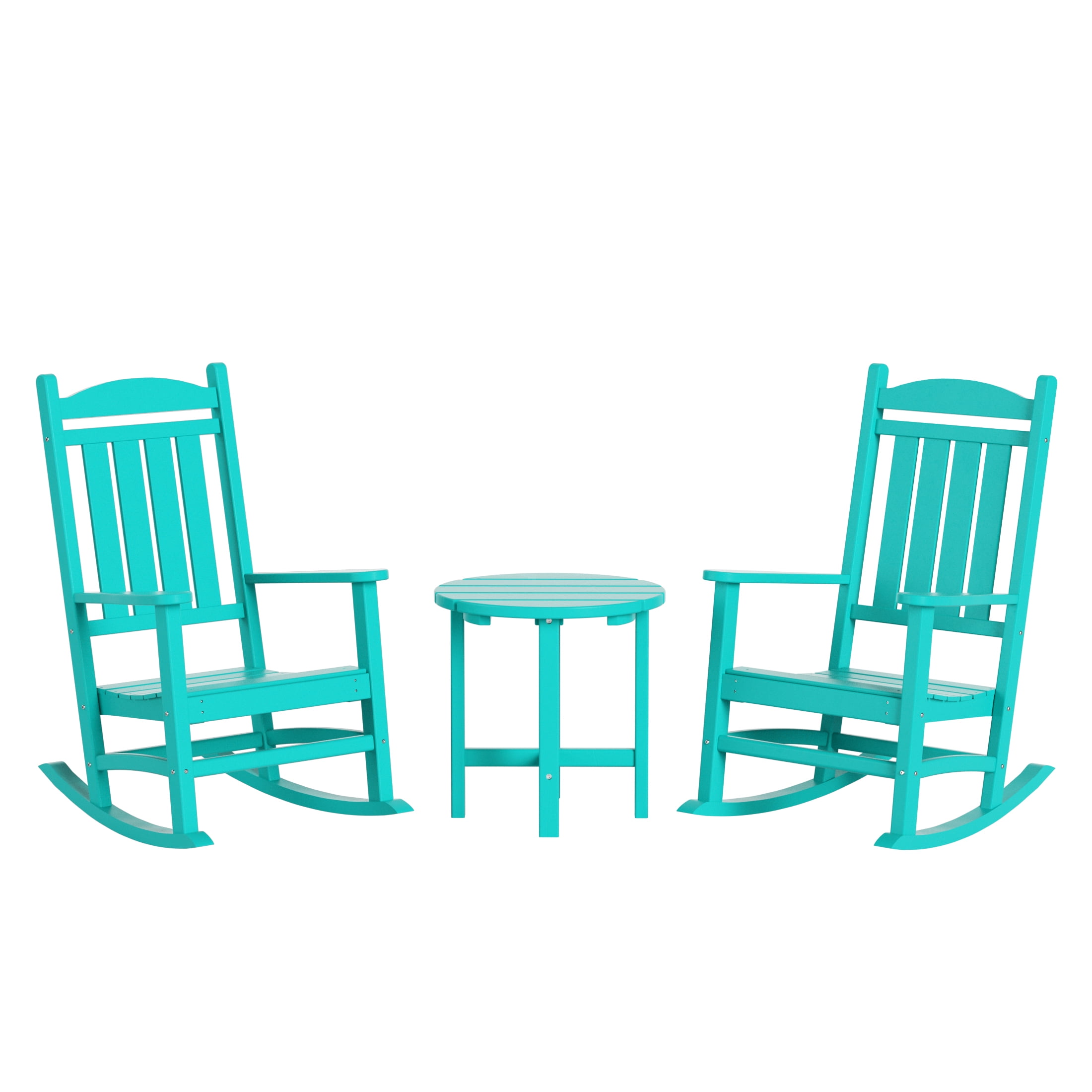 Garden 3-Piece Set Classic Plastic Adirondack Porch Rocking Chair with Round Side Table Included, Turquoise