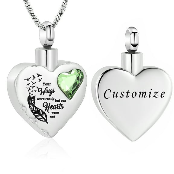 May Birthstone Heart with Feather Cremation Jewelry for Ashes Urn Necklace Lockets for Human Ashes Pet Ashes Holder