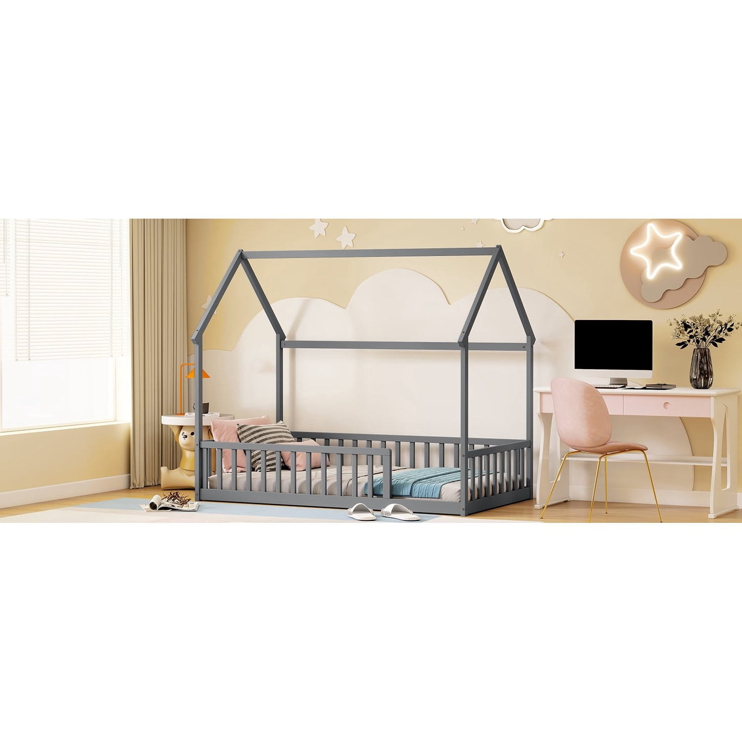 Twin House Floor Bed with Full Safety Fence, Solid Pine Wood Montessori Kids Playhouse Bed Frame No Box Spring Needed Max 250 LBS for Toddler Bedroom Nursery