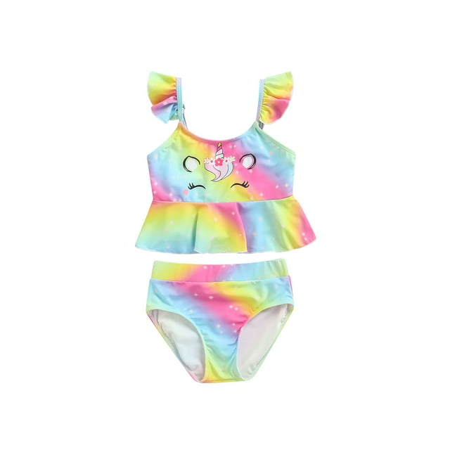 Fortune 3-8 Years Little Girls Swimsuits 2 Piece Cartoon Animal Print Swimwear Ruffled Tops Briefs