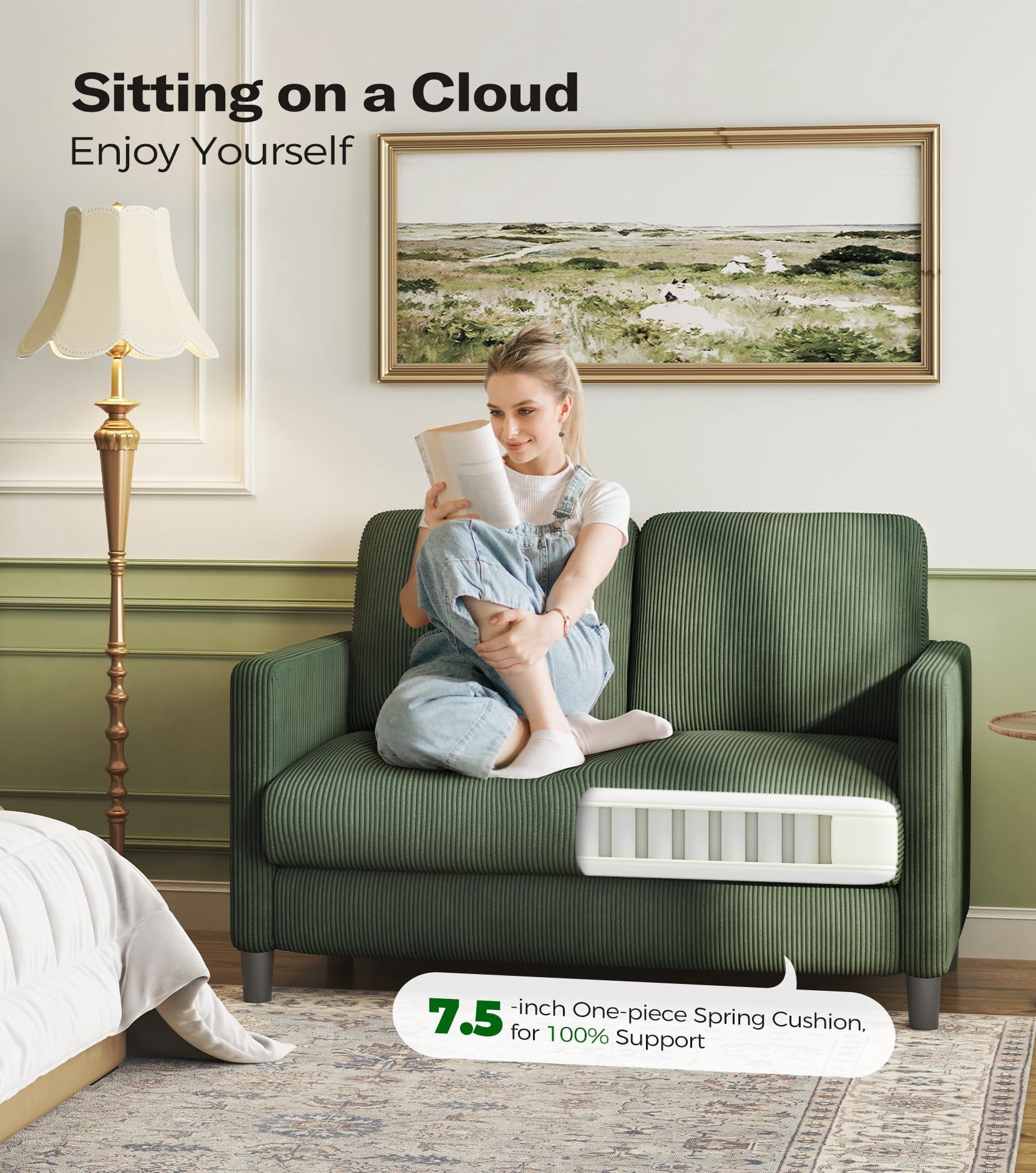 Welzona 51" Corduroy Loveseat Sofa, Small 2-Seater Couch for Small Spaces, Tool-Free Assembly,Green