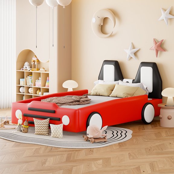 Harper & Bright Designs Twin Size PU Race Car-Shaped Platform Bed with Wheels and Headboard, Wooden Bed Frame w/Rails on Both Sides for Boys Girls Bedroom, Red