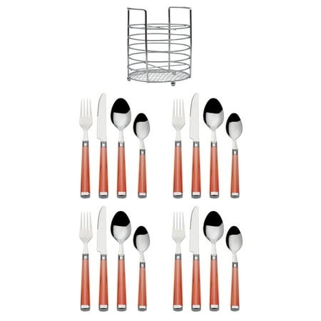 Pfalzgraff 16-piece Stainless Steel Silverware Set and Caddy with Coral Handles
