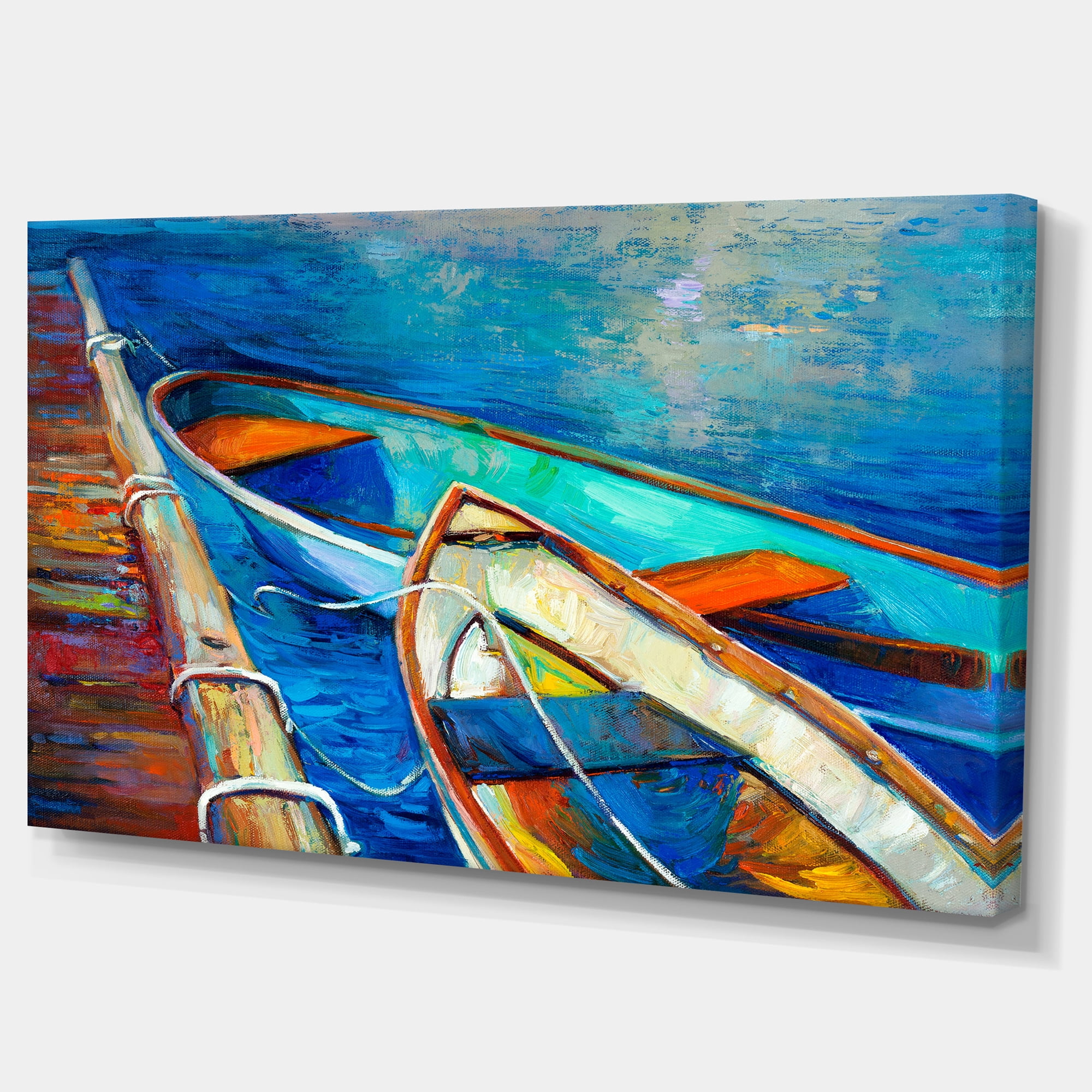 Designart 'Boats and Pier in Blue Shade ' Seascape Canvas Art Print