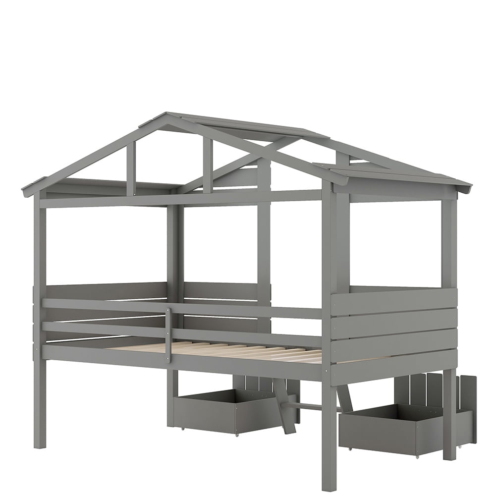 Kadyn kids Bunk Loft Bed with Two Drawers, Windows and Roof Design, Gray Kadyn kids Bunk Loft Bed with Two Drawers, Windows and Roof Design, Gray