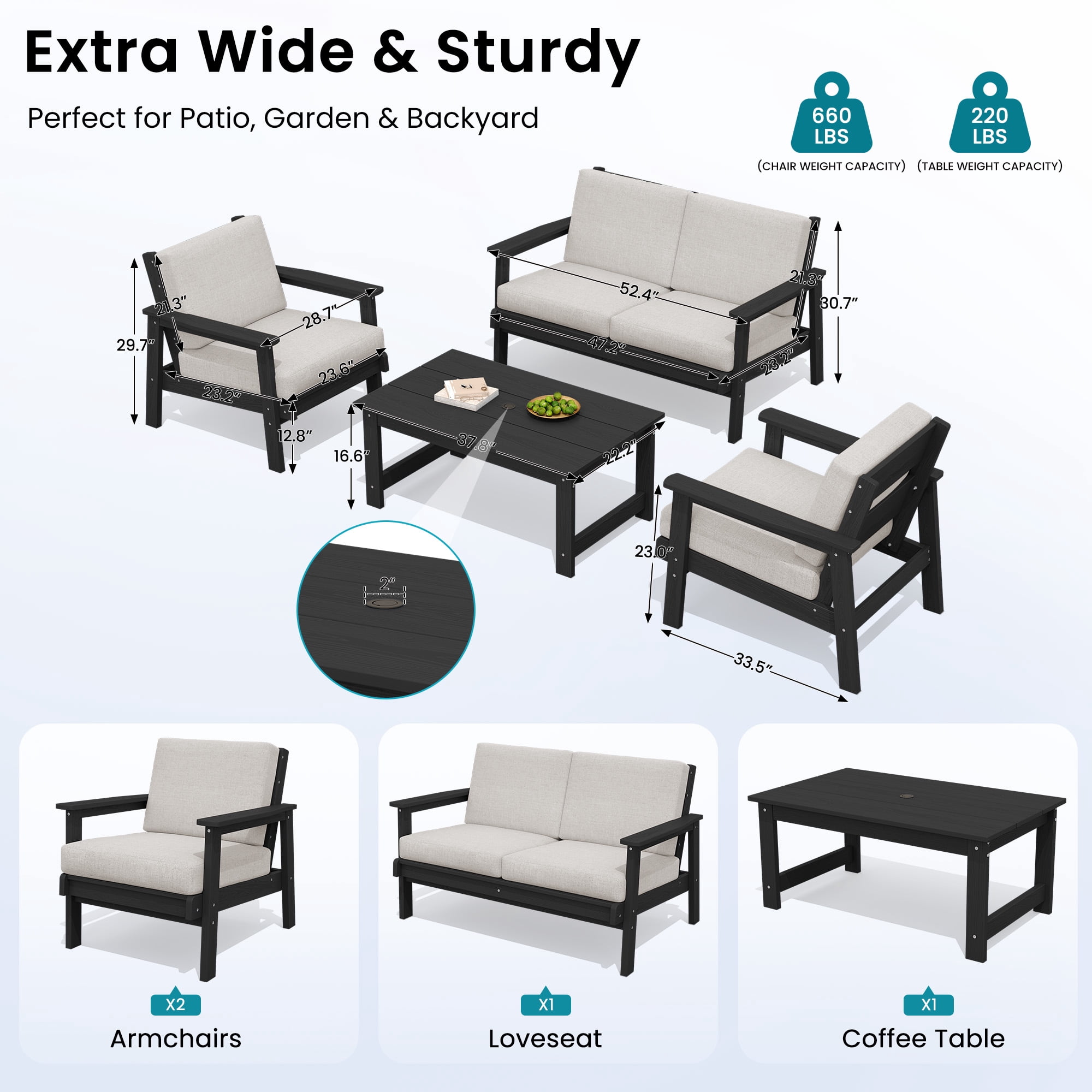 SERWALL 5 Pieces Outdoor HDPE Patio Furniture Sets, Conversation Sets with Cushions, 2 Armchairs & 1 Loveseat & 1 Coffee Table for Poolside, Balcony, Porch & Backyard, Black / Khaki