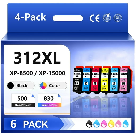 312,312XL(WIth Chip) Compatible Ink Cartridge for Expression PhotoXP-8500 / XP-15000 Printers,High Capacity:500/830 Pages,Portable Installation