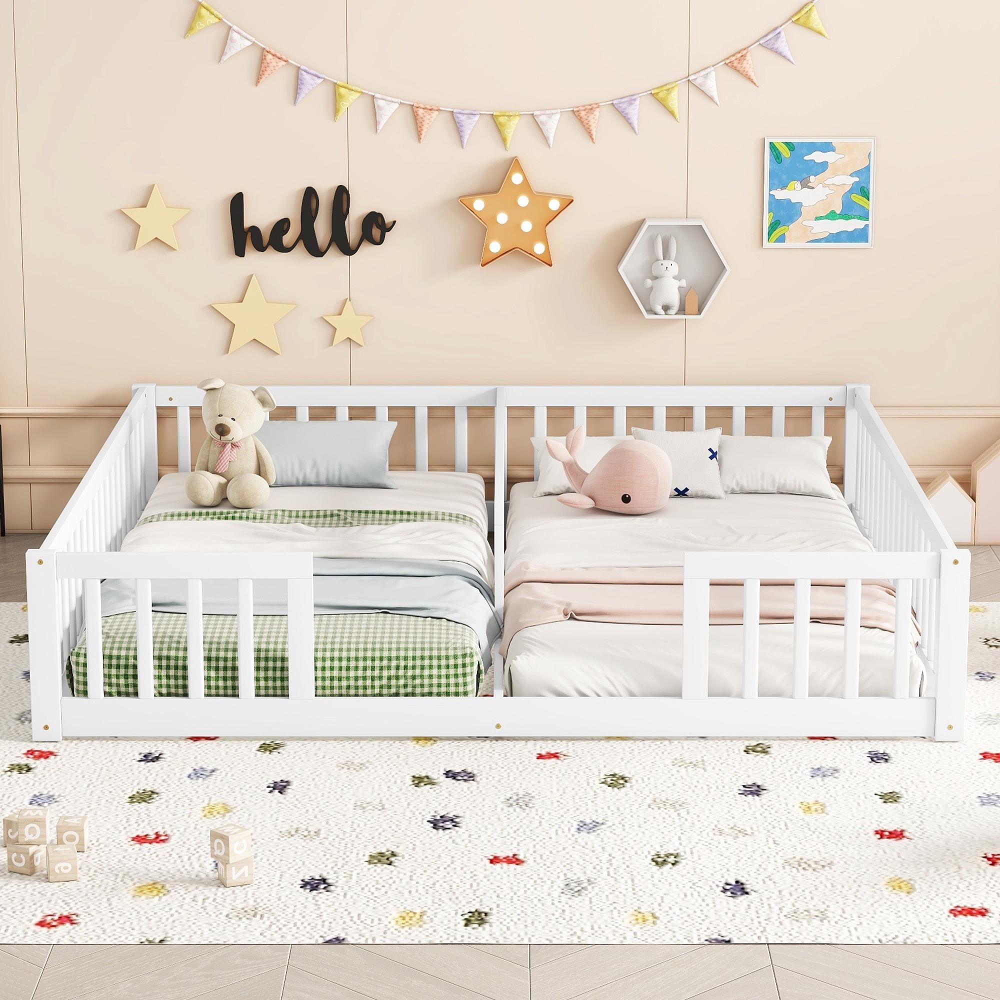 PORKISS Twin Size Floor Bed for Kids, Double Wood Montessori Bed Frame with Fence, White