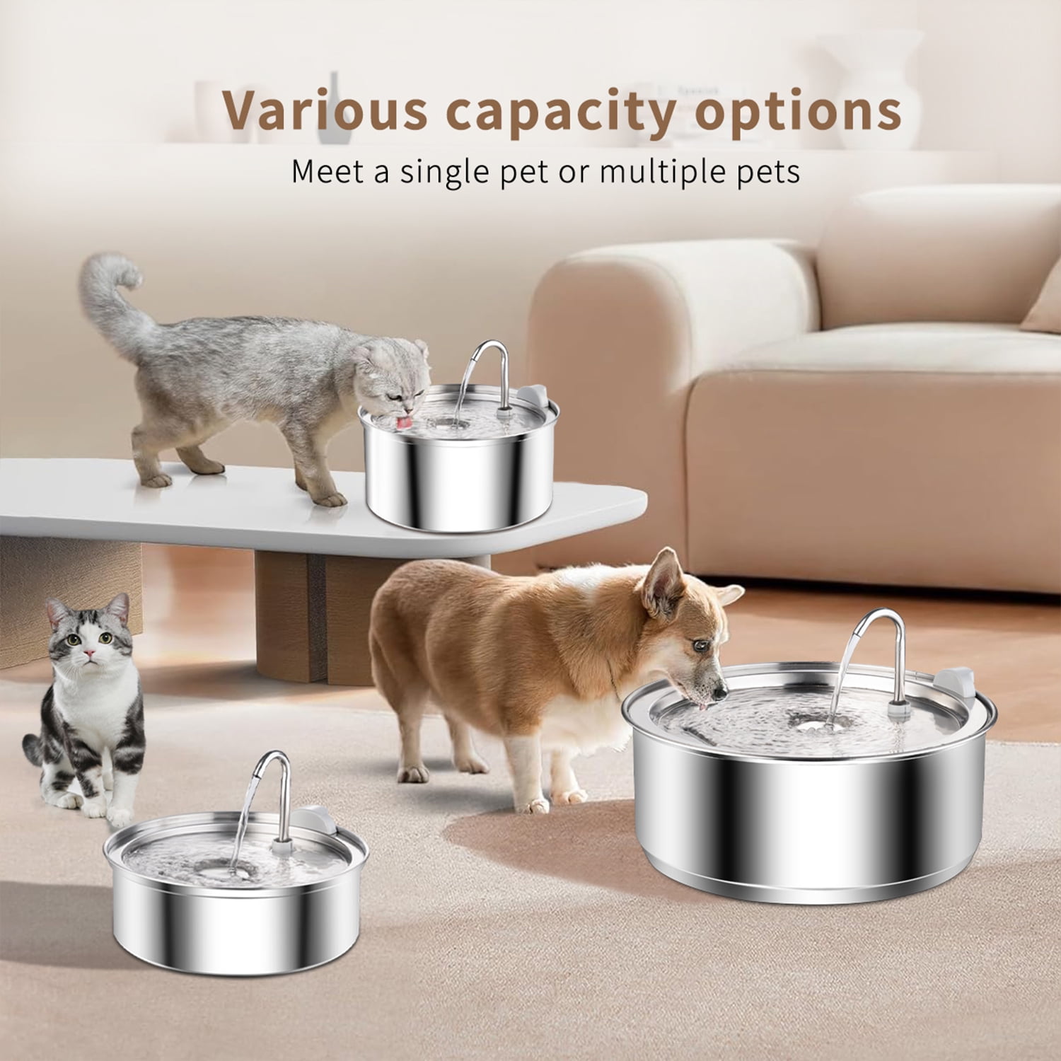 Petavista Stainless Steel Dog Water Fountain,8L/135oz Cat Water Bowl Dispenser for Large Dogs Cats
