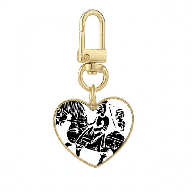 China Wei Jin Dynasties Horse Riding Pattern Gold Heart Keychain Metal Keyring Holder