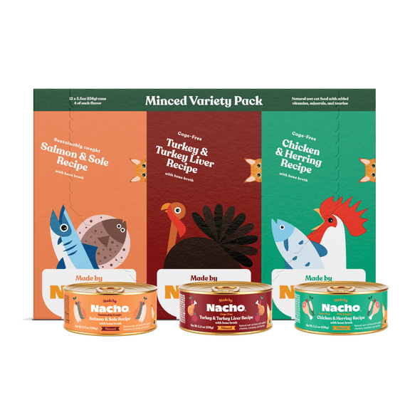 Made by Nacho Premium Minced Wet Canned Cat Food with Hydrating Bone Broth, 5.5oz each, 12 Packs, Variety Pack (Turkey & Turkey Liver, Chicken & Herring, and Salmon & Sole)