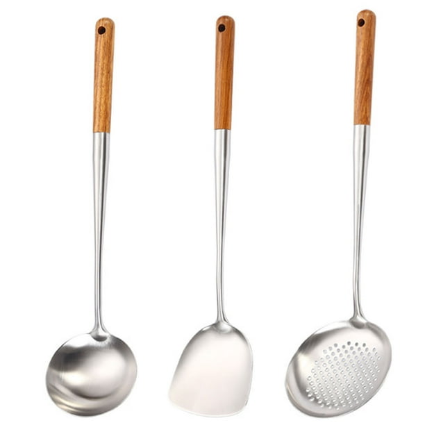 Utensilios de cocina profesionales para chef, mango de madera, diseño ergonómico, utensilios de cocina de acero inoxidable para cocinar resistentes al calor, complemento perfecto para wok, aptos para
