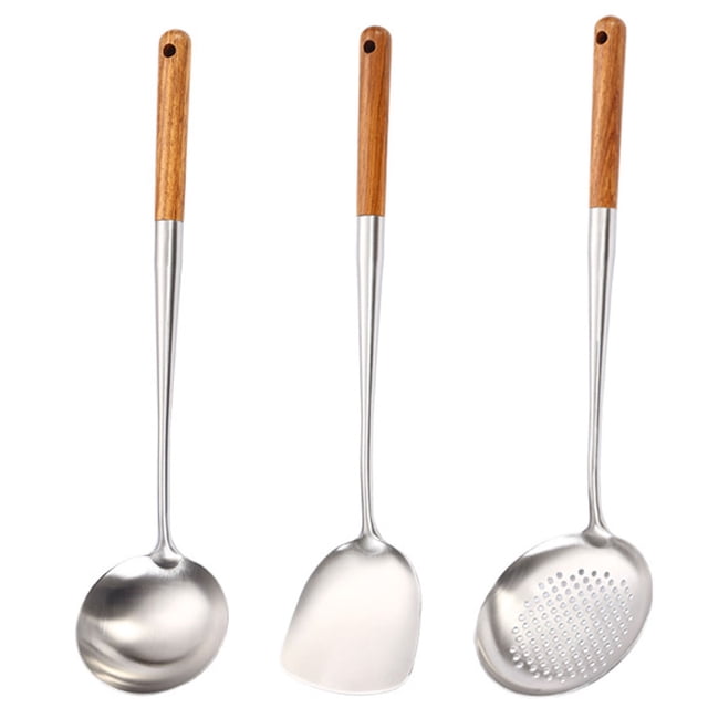 El mejor amigo del chef: utensilio de cocina de acero inoxidable con mango de madera, cuchara ranurada para cocinar sin esfuerzo, juego de 3 piezas que incluye herramientas de mango largo para sus