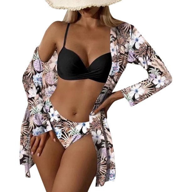 Kiosan Conjunto de bikini para mujer, traje de baño de 3 piezas, kimono floral, parte superior triangular anudada en la parte delantera, falda de traje de baño inferior de cintura alta