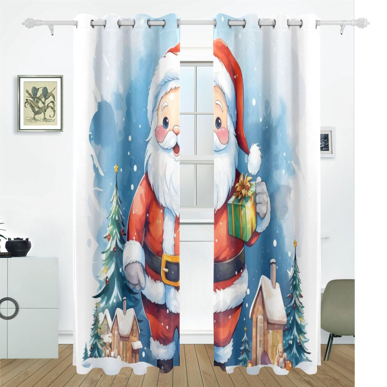 Christmas Santa Claus Trees Houses Black Out Curtains 72 Inch Length Curtains for Sliding Glass Doors Bedroom Living Room 2 Pack