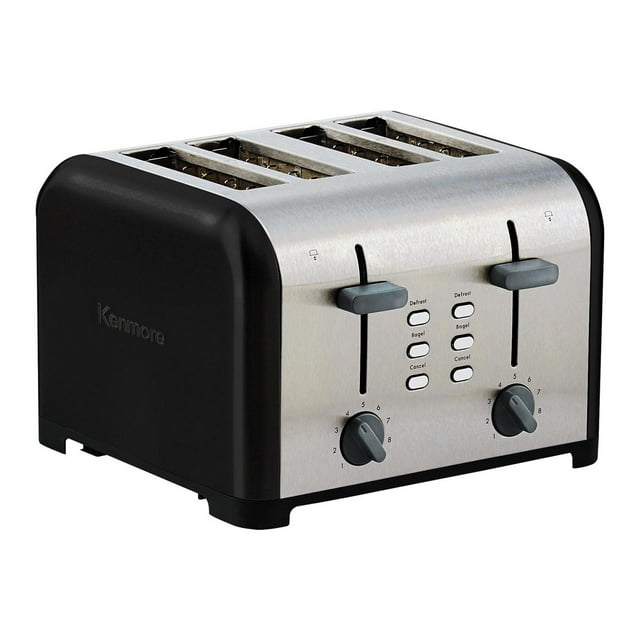 Kenmore 4-slice stainless steel toaster with dual controls including browning dials and function buttons for defrosting and bagels.
