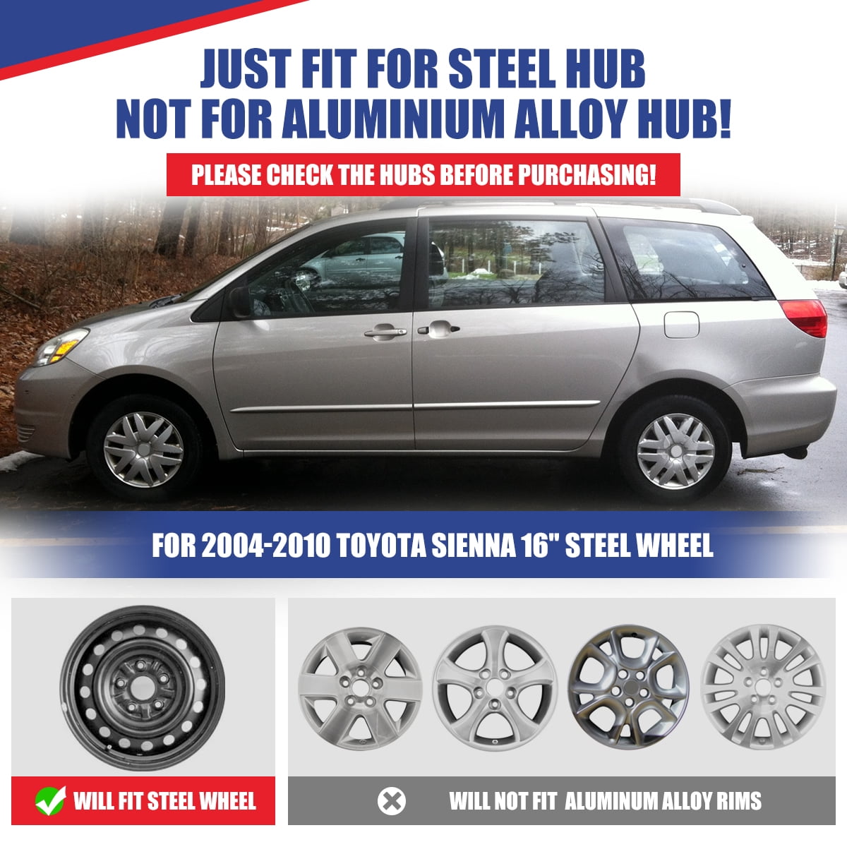 4 Pack 16 inch Steel Wheel Hubcaps for 2004-2010 Toyota Sienna,Wheel Rim Cover,Snap-On Installation,PP,Black Matte