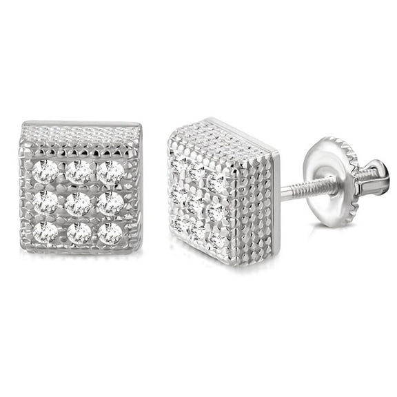 925 Sterling Silver Square White Clear CZ Screw Back Stud Earrings, 0.20"
