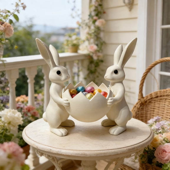 Easter Bunny Candy Dish, Easter Bunny Bowl Snack Serving Dish, Easter Candy Bowl - Printed Two Rabbits Holding Candy White Decorative Bowl for Easter Eggs Keys Spring Home Decor