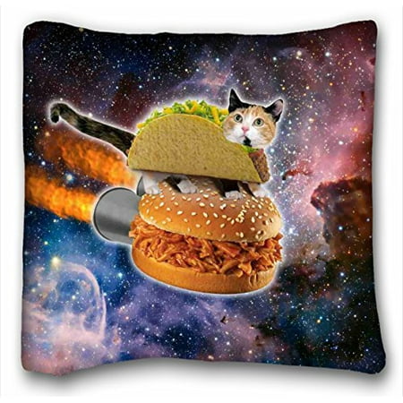 WinHome Funny Taco Cat Riding Hamburger In Space Pillowcase - Zippered Pillowcase, Pillow Protector, Best Pillow Cover Size 18x18 Inches Two Side